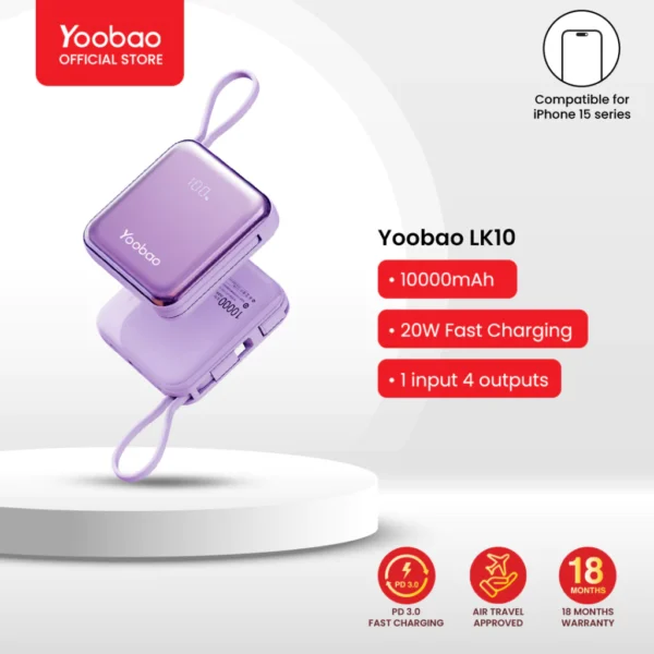 Yoobao LK10 10000mAh Mini Fast Charging Powerbank Built in Cables (Lightning & Type C) PD20W SCP22.5W Lilac Purple